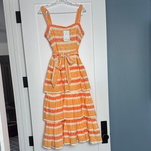 Zimmermann Orange and Cream Tiered Maxi Dress with Waist Tie